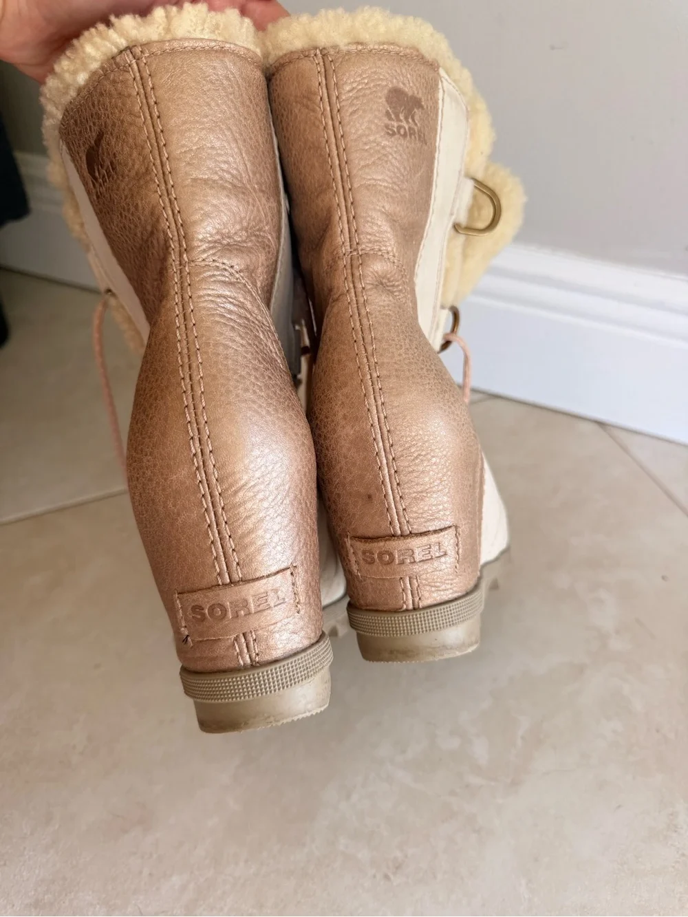 Sorel Women's Cream and Tan Shearling Lace-Up Wedge Boots